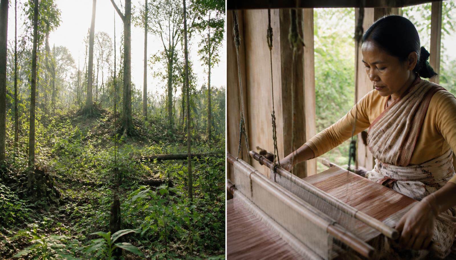 Green degraded forest on one side, a woman weaving earth-toned fabric at a traditional handloom on the other