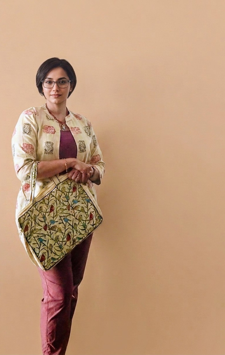 Block-printed jacket with a hand-painted botanical bag