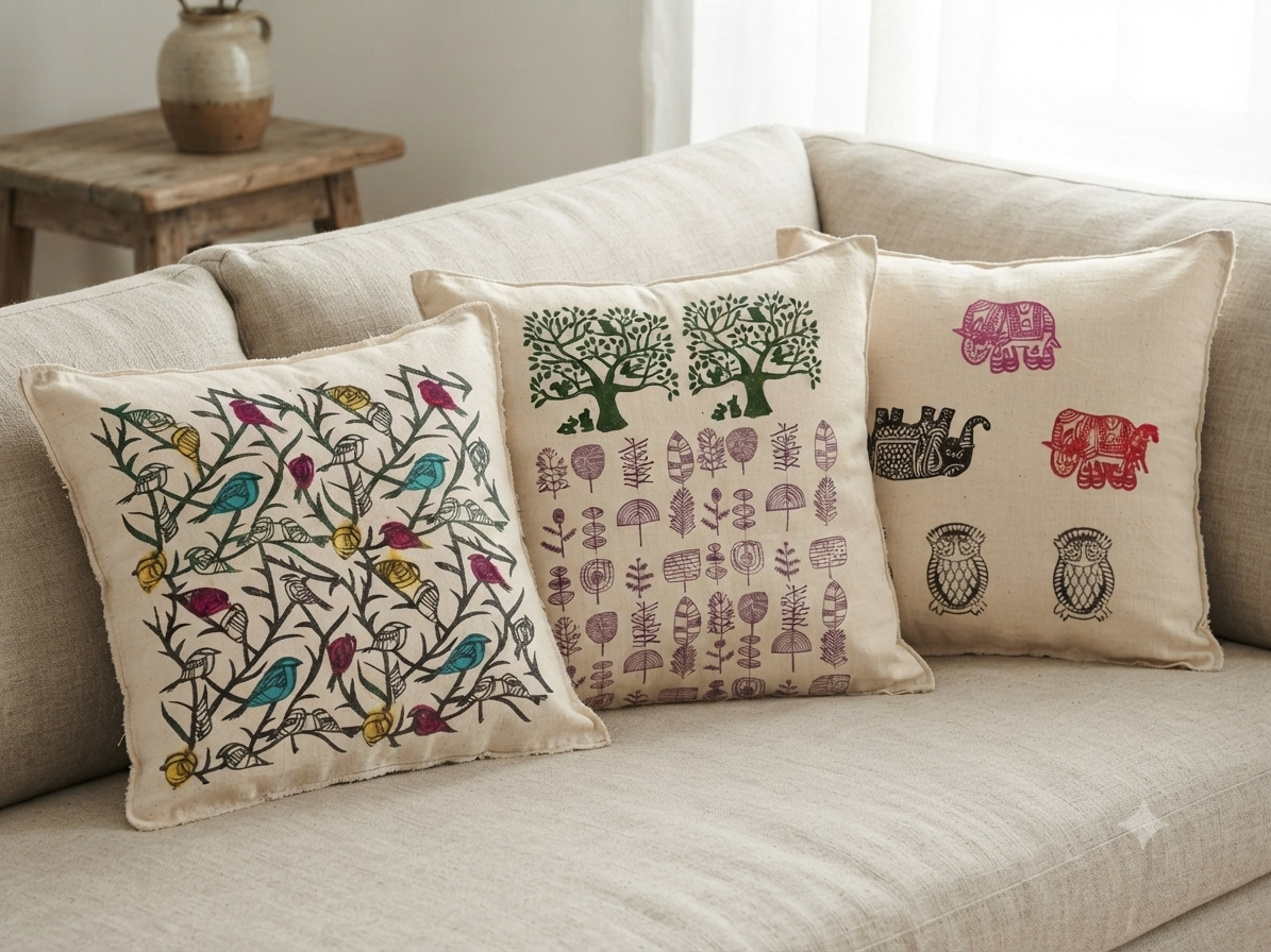 Hand block-printed cushion covers on natural fabric