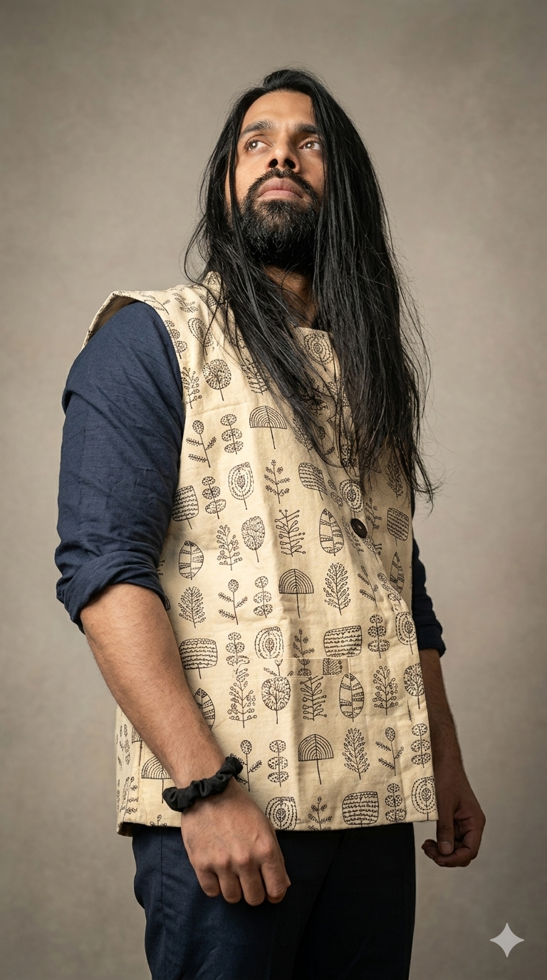 Hand block-printed forest-motif vest