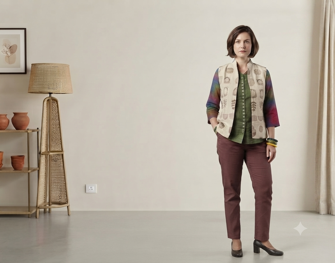 Hand block-printed jacket over a botanical-dyed tunic
